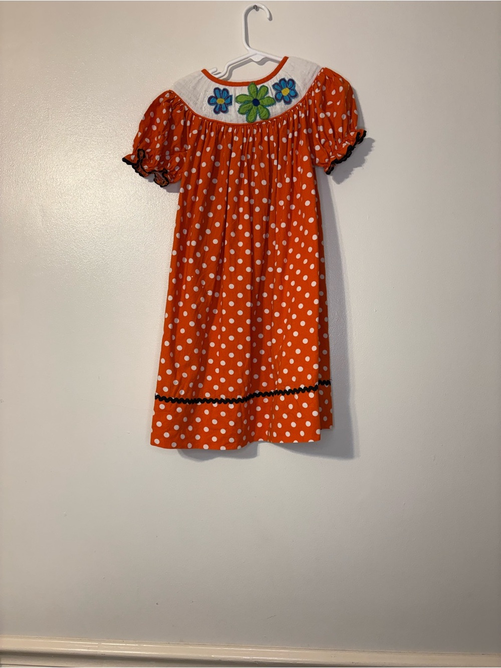 Girls' Orange Polka Dot Dress with Floral Yoke